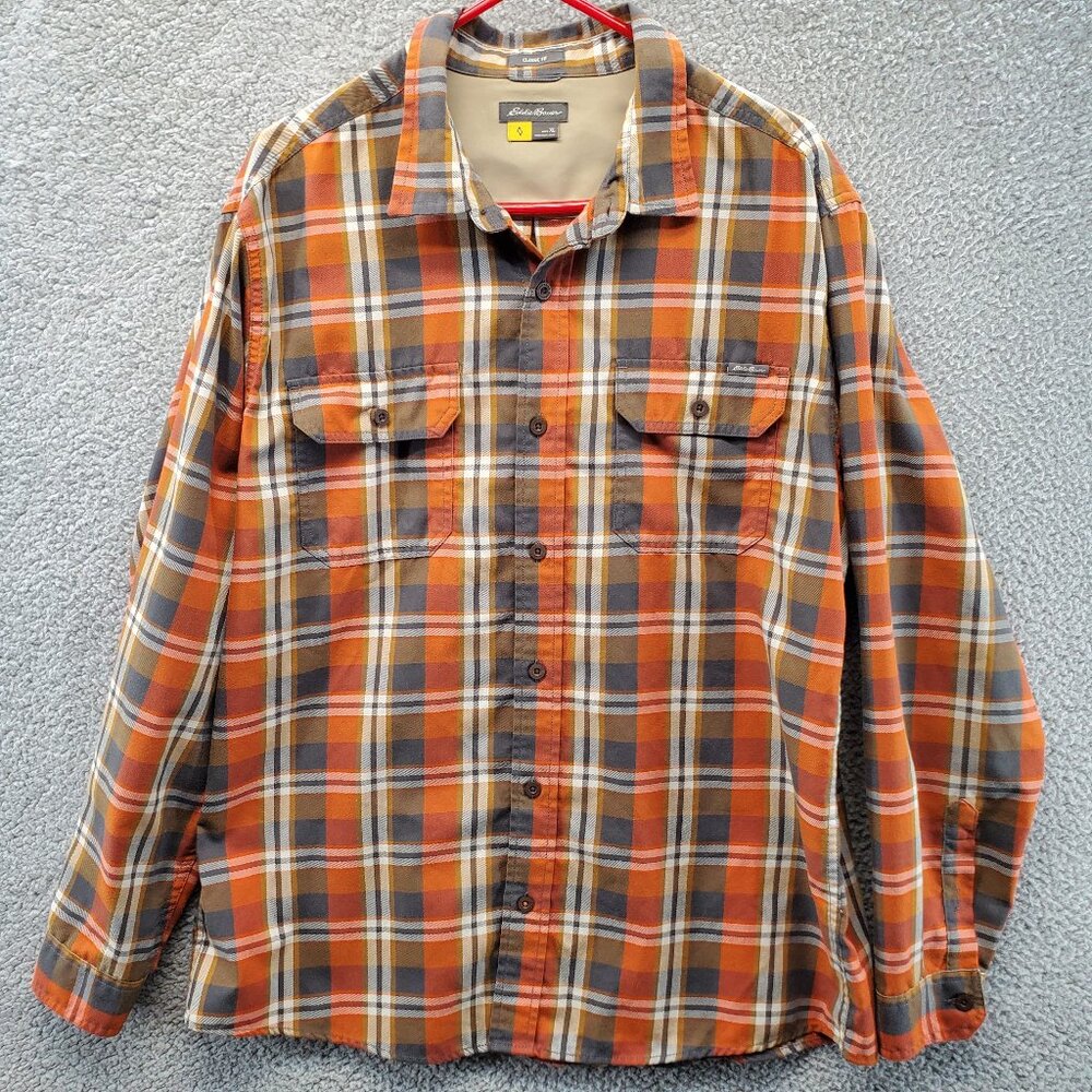 Eddie Bauer Men’s Classic Fit Orange Plaid Shirt Size XL Long Sleeve Pockets